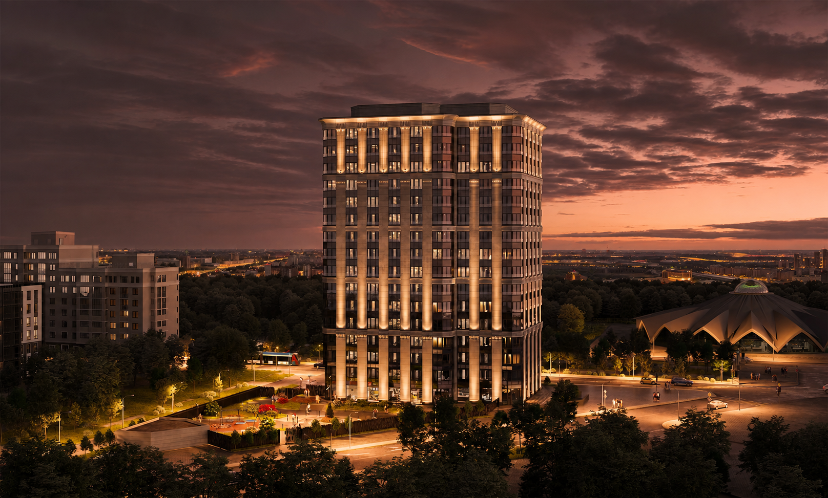 Визуализация Deco Residence: внешний вид здания на закате