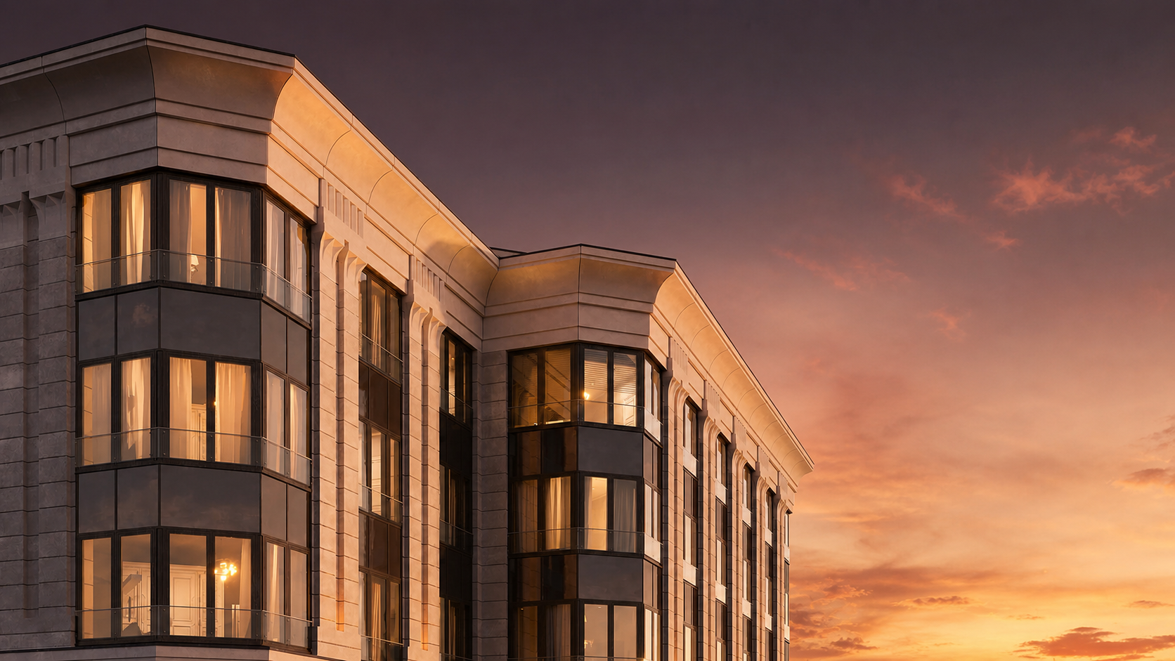 Визуализация Deco Residence: фасад в вечернем освещении