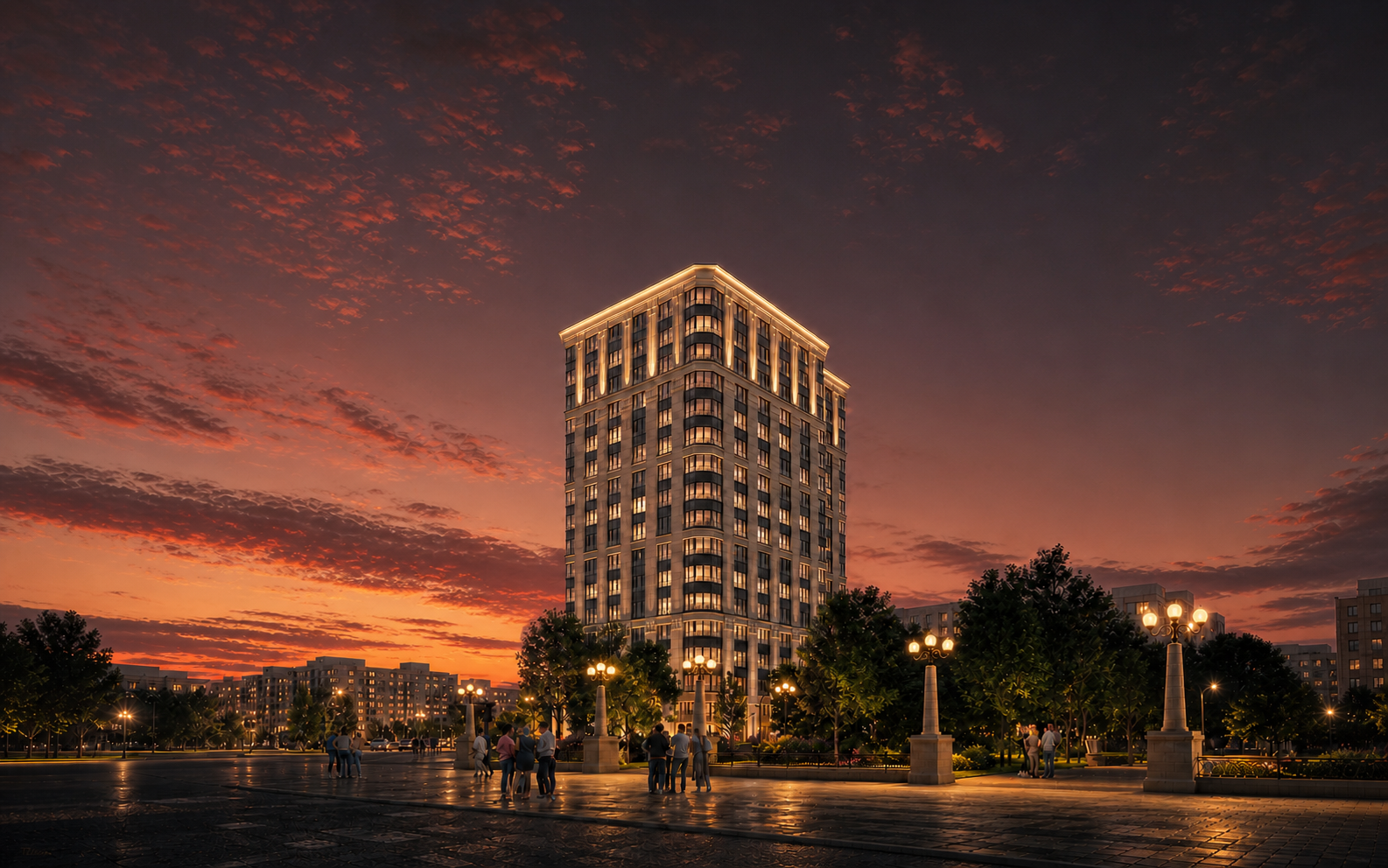 Визуализация Deco Residence: полный вид здания в свете зари