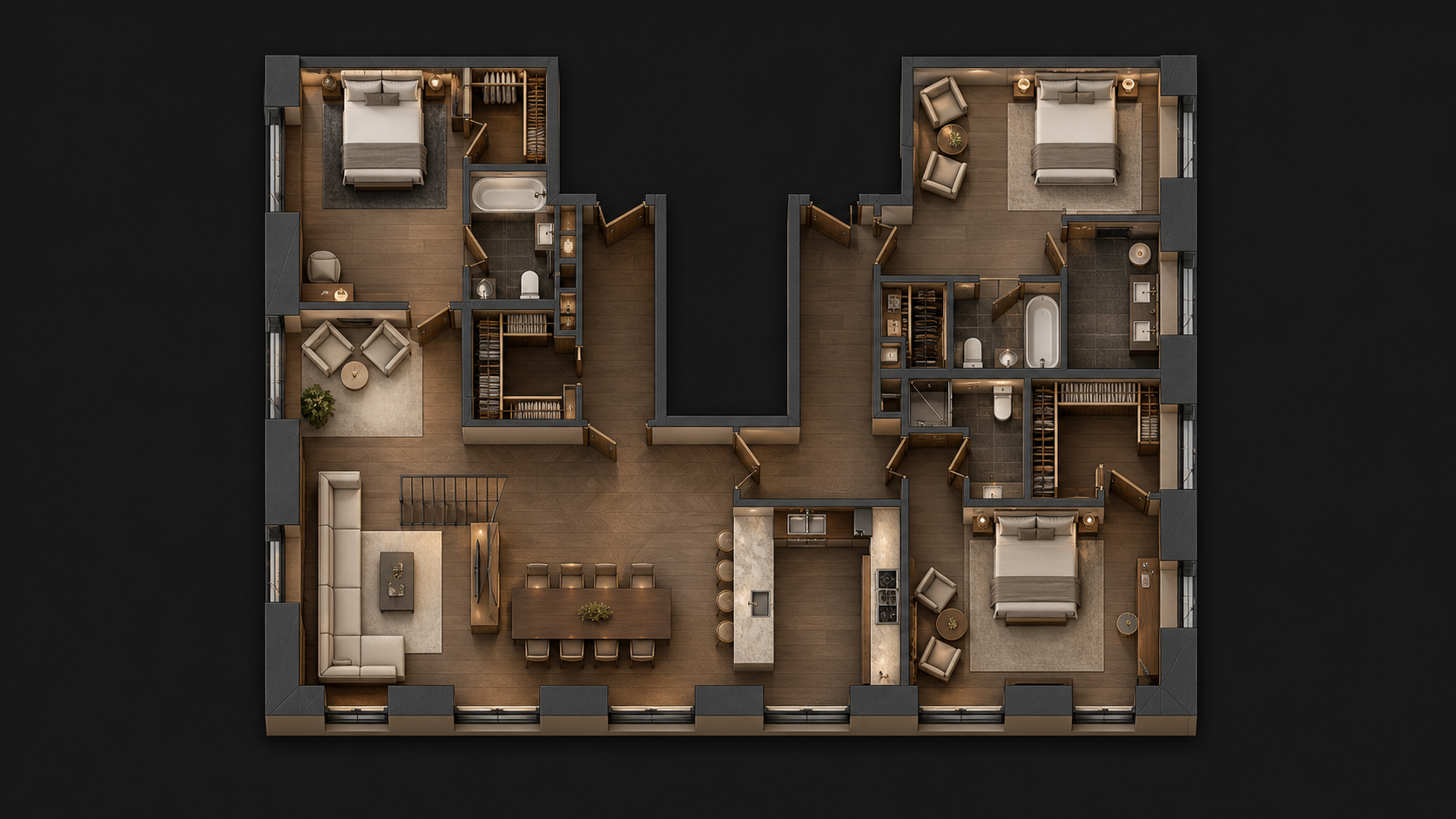 Планировка 237,4 м², 3 комнаты, 5-й этаж, цветная 3D-визуализация