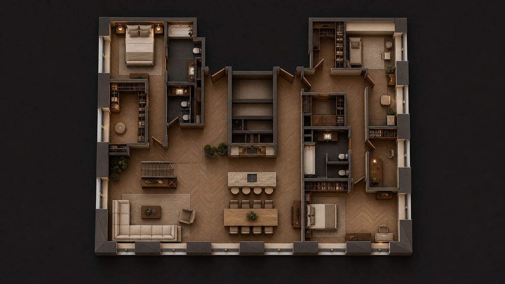 Планировка 230 м², 3 комнаты, 2-й этаж, цветная 3D-визуализация