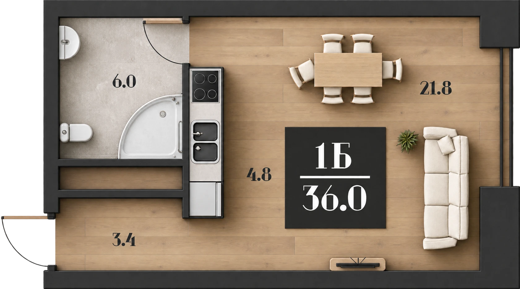 AI-иллюстрация материалов и объёма по планировке 36 м²