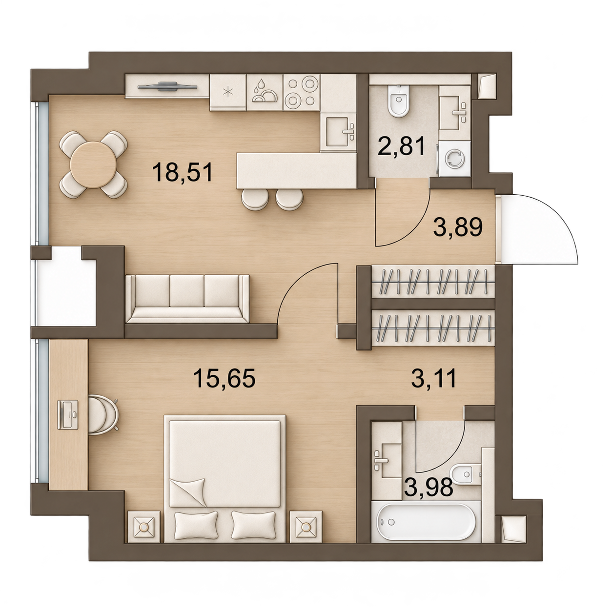 AI-иллюстрация 47,95 м². Материалы и меблировка показаны условно; официальный чертёж — в 2D.
