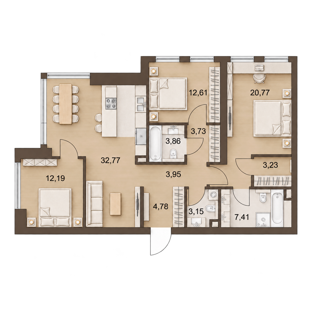 AI-иллюстрация 108,45 м². Материалы и меблировка показаны условно; официальный чертёж — в 2D.