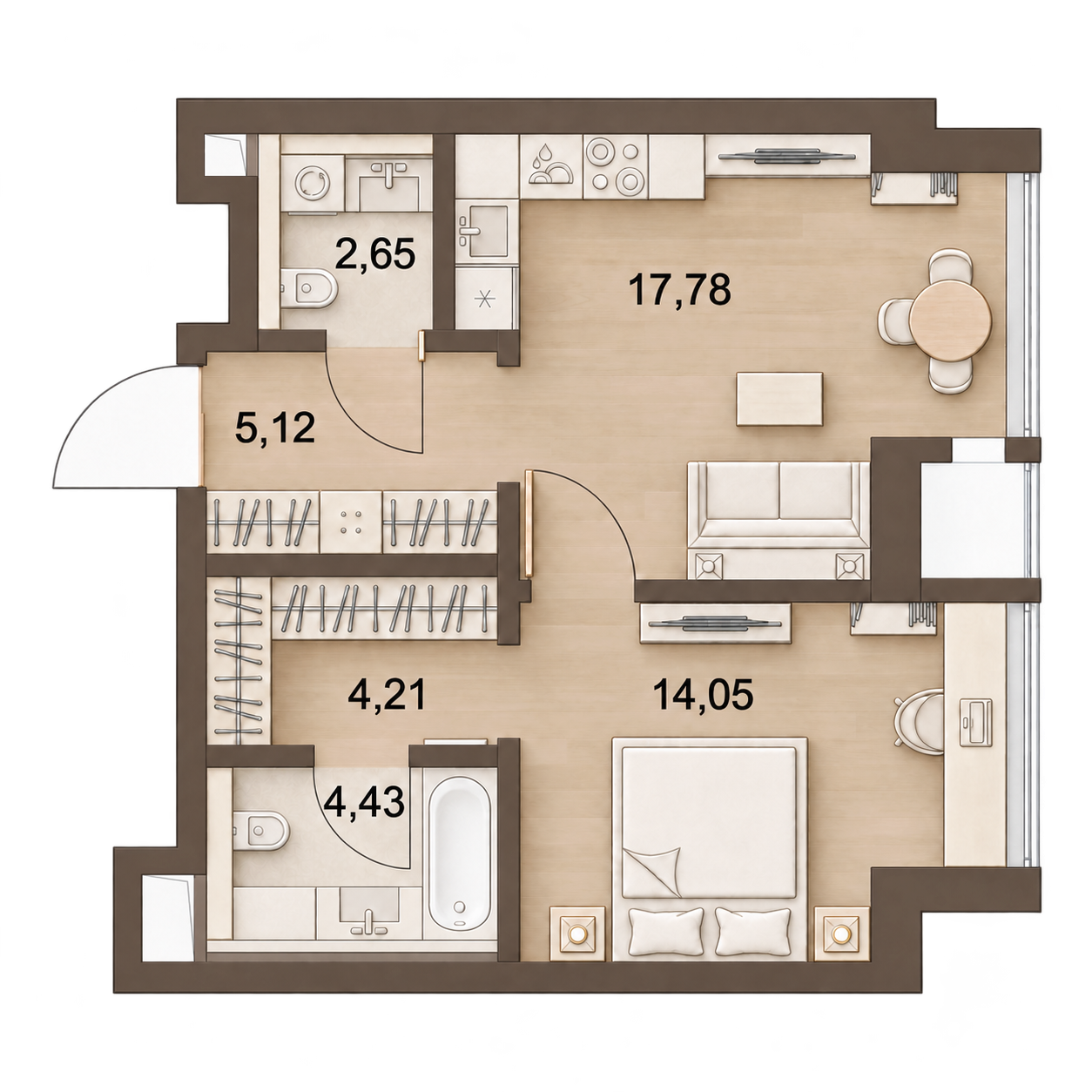 AI-иллюстрация 48,24 м². Материалы и меблировка показаны условно; официальный чертёж — в 2D.