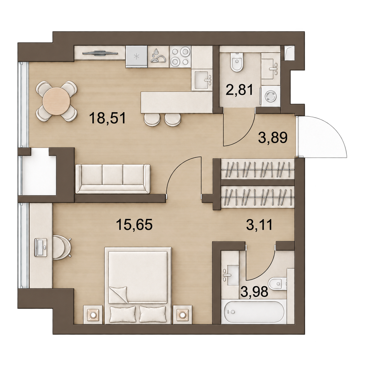 AI-иллюстрация 47,95 м². Материалы и меблировка показаны условно; официальный чертёж — в 2D.