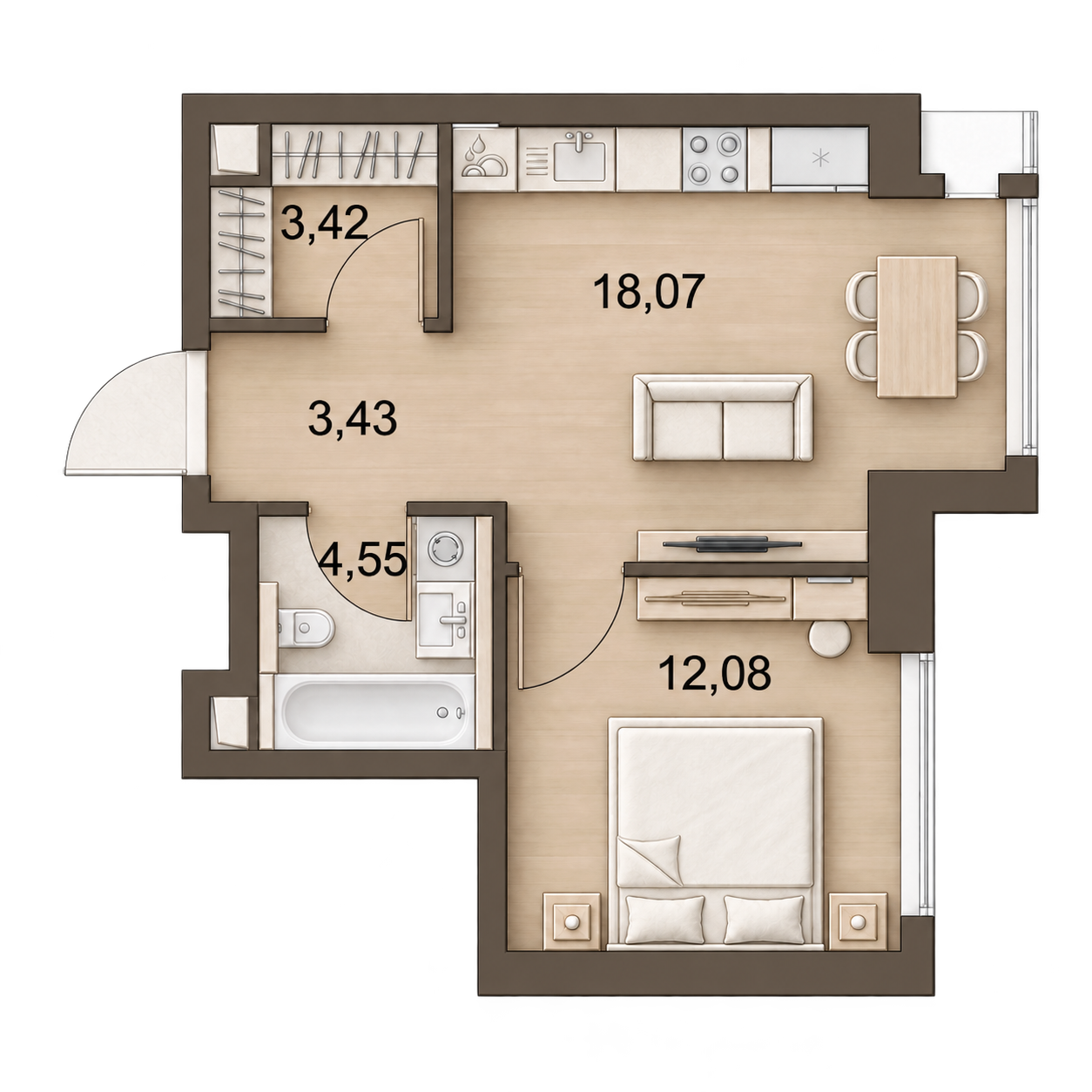 AI-иллюстрация 41,55 м². Материалы и меблировка показаны условно; официальный чертёж — в 2D.