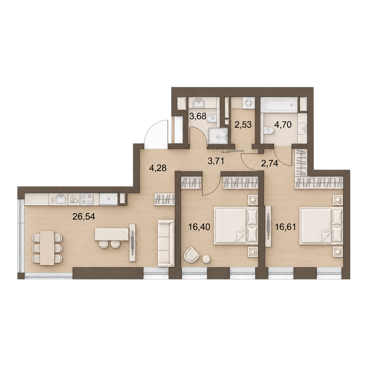 AI-иллюстрация 81,19 м². Материалы и меблировка показаны условно; официальный чертёж — в 2D.