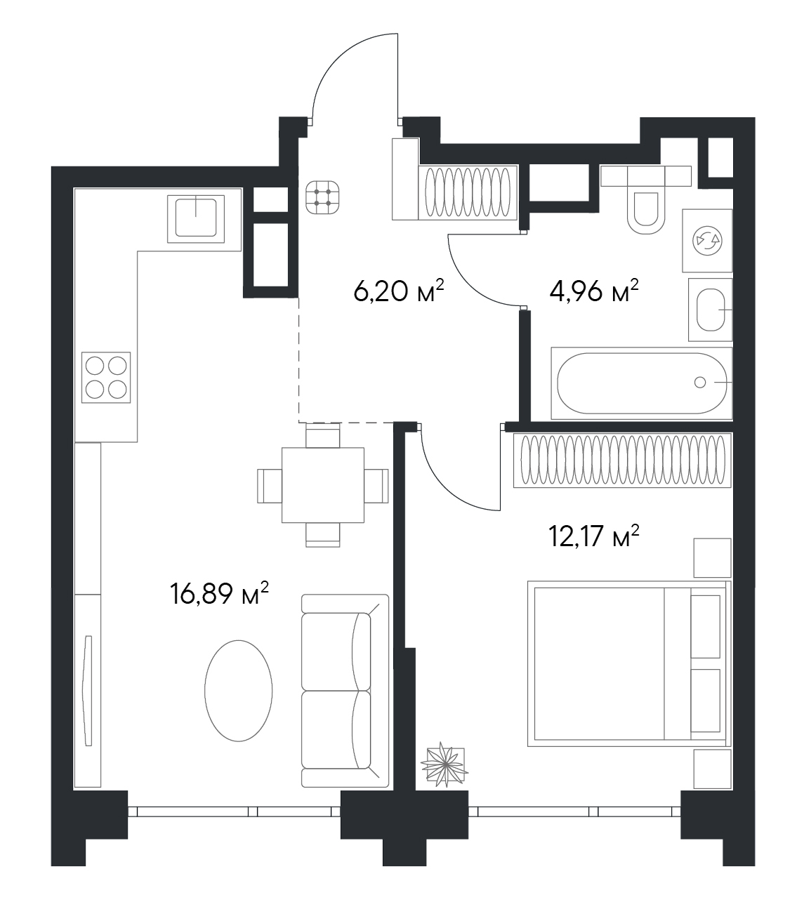 Планировка 1-комнатной квартиры площадью 39,4 м² в «Первом Нагатинском»