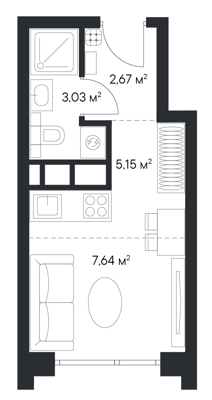 Планировка студии площадью 18,2 м² в «Первом Нагатинском»