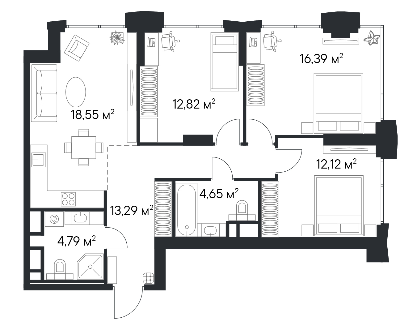 Планировка 3-комнатной квартиры площадью 81 м² в «Первом Нагатинском»