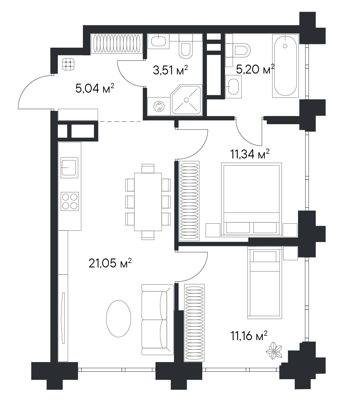 Планировка 2-комнатной квартиры площадью 55,5 м² в «Первом Нагатинском»
