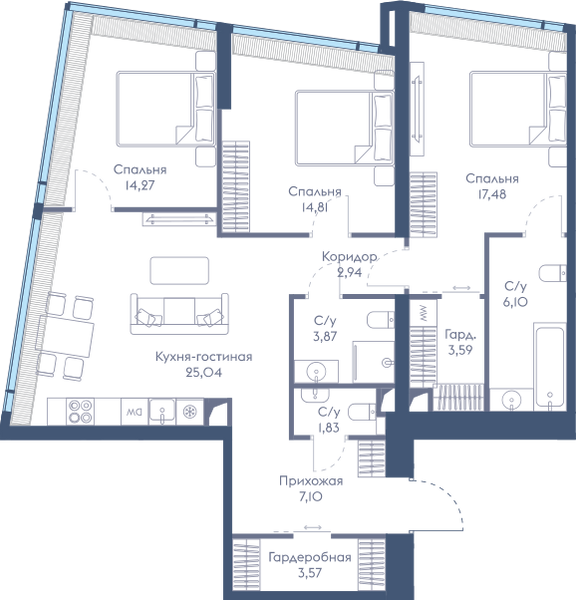 Планировка: 3-комнатная квартира, 100,6 м²