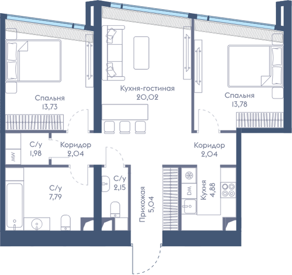 Планировка: 2-комнатная квартира, 73,7 м²