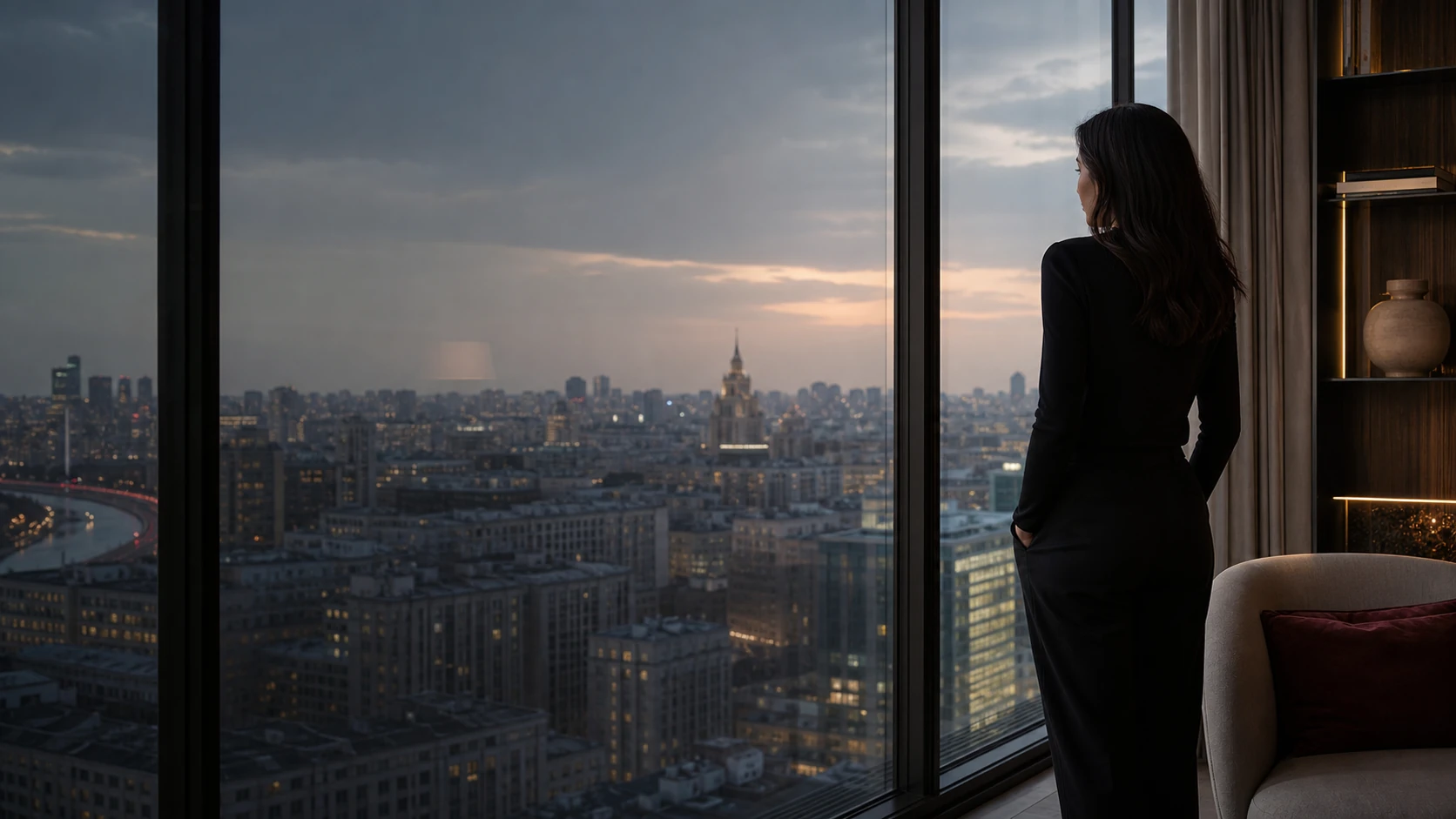 Концептуальный lifestyle-кадр у панорамного окна с видом на вечерний город