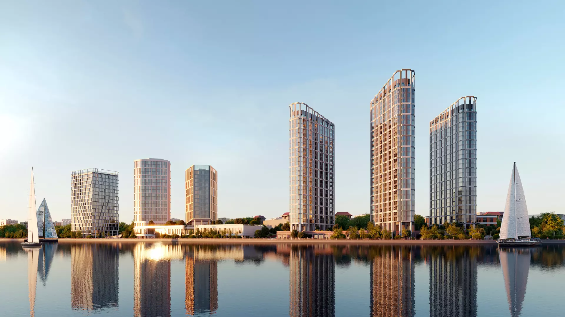 Три башни квартала Dream Riva у воды