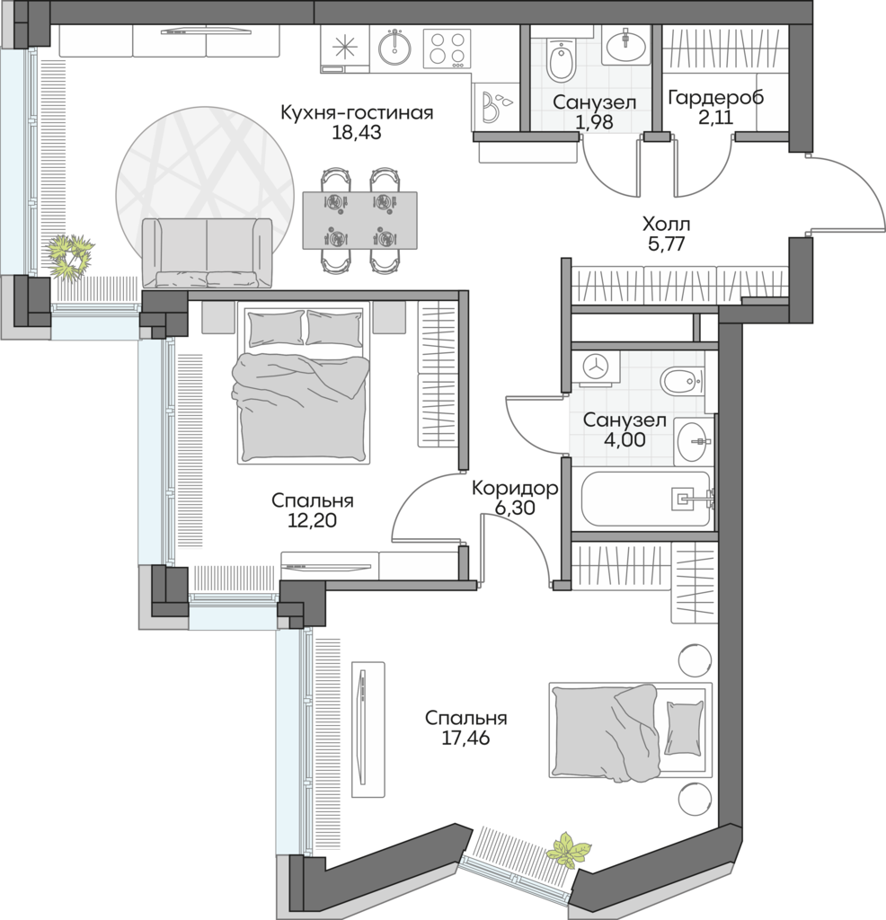 Планировка: 2-комнатные, 66,2 м²