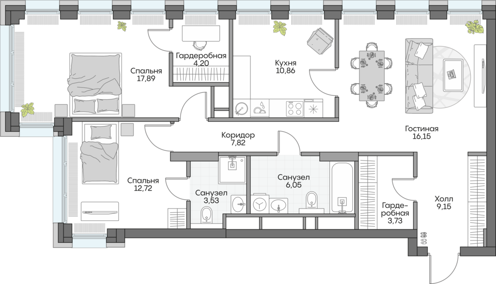 Планировка: 3-комнатные, 89,5 м²