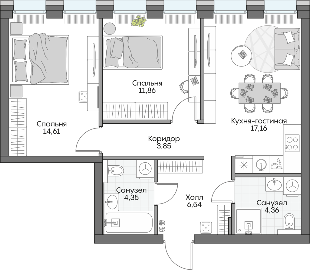 Планировка: 2-комнатные, 61,4 м²