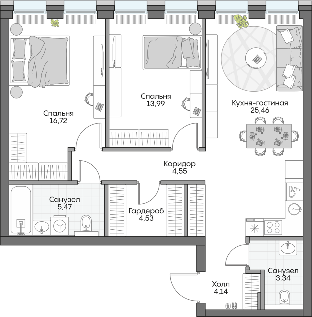 Планировка: 2-комнатные, 69,3 м²