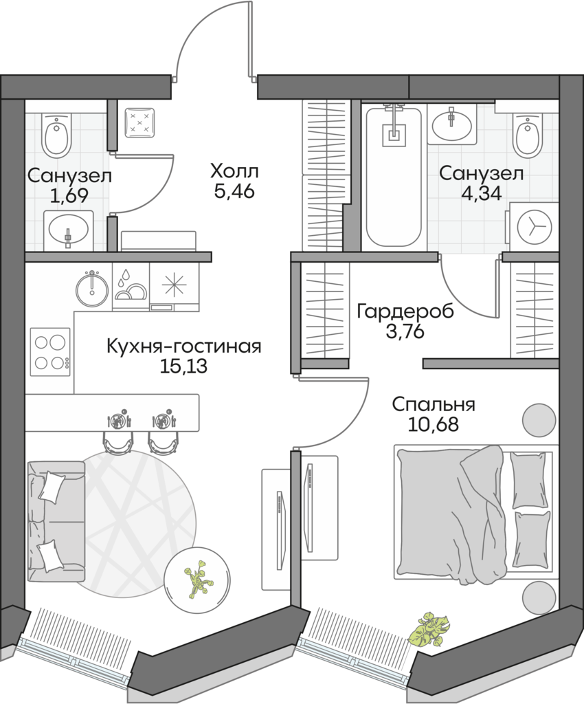 Планировка: 1-комнатные, 48,4 м²