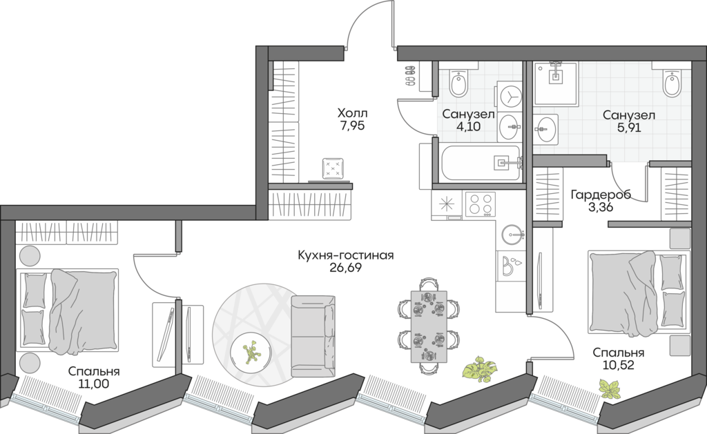 Планировка: 2-комнатные, 67,6 м²