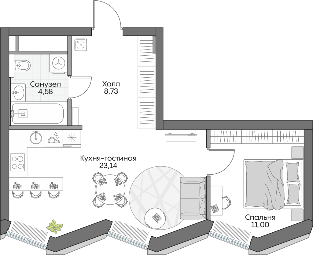 Планировка: 1-комнатные, 46 м²