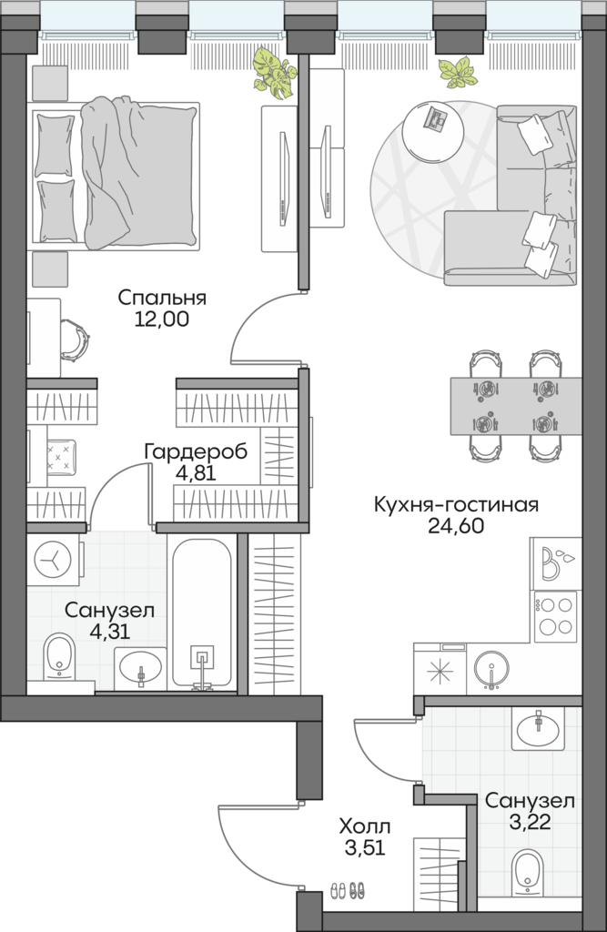 Планировка: 1-комнатные, 52,3 м²