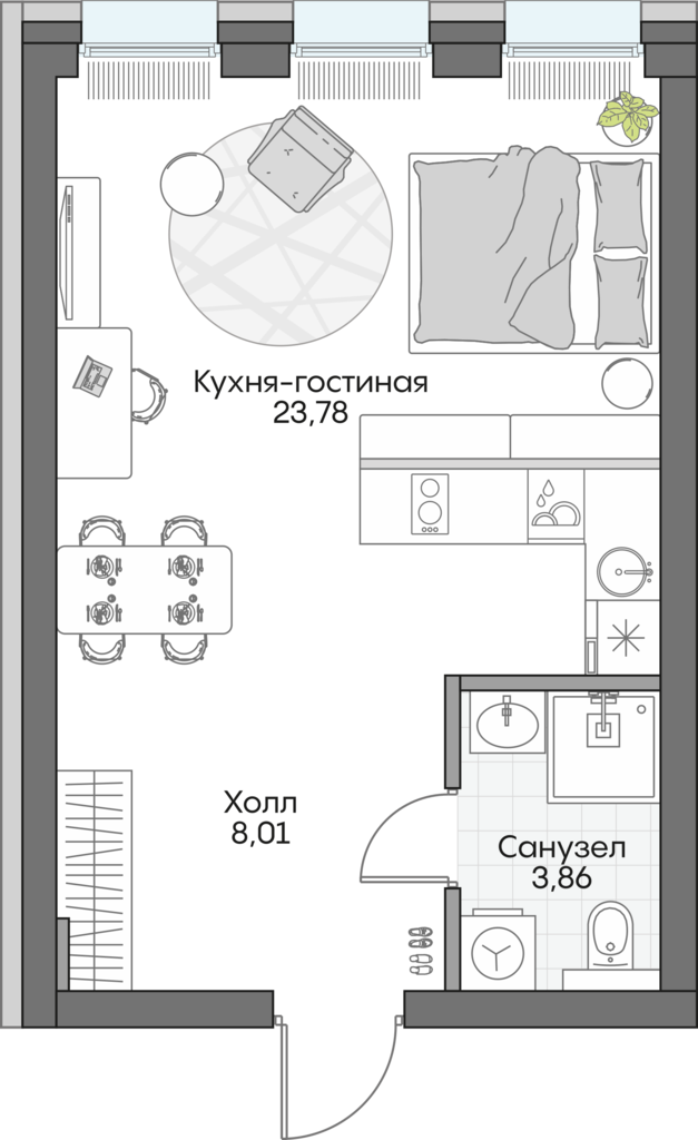 Планировка: Студия, 34,7 м²