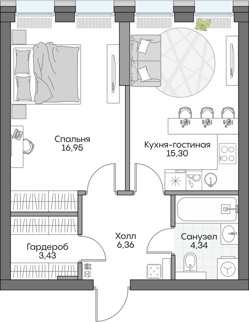 Планировка: 1-комнатные, 45,8 м²
