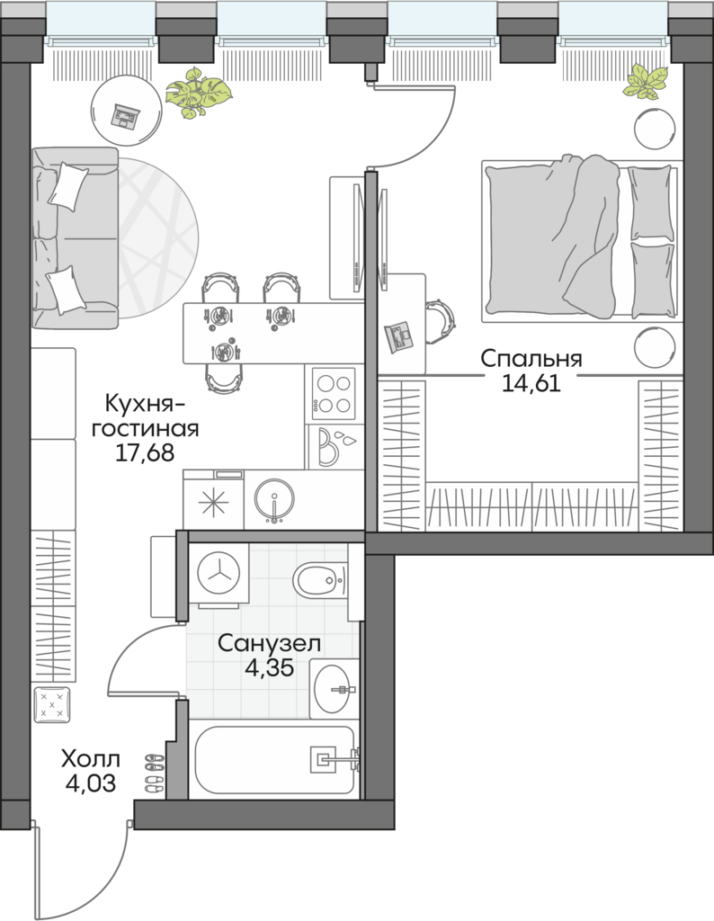 Планировка: 1-комнатные, 36,6 м²