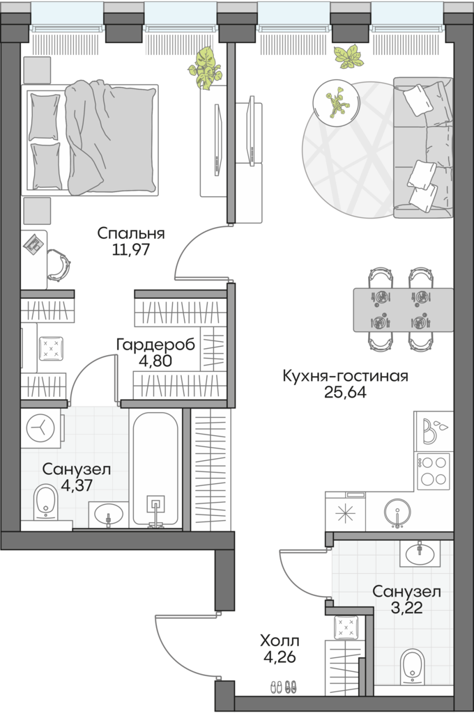 Планировка: 1-комнатные, 53,8 м²