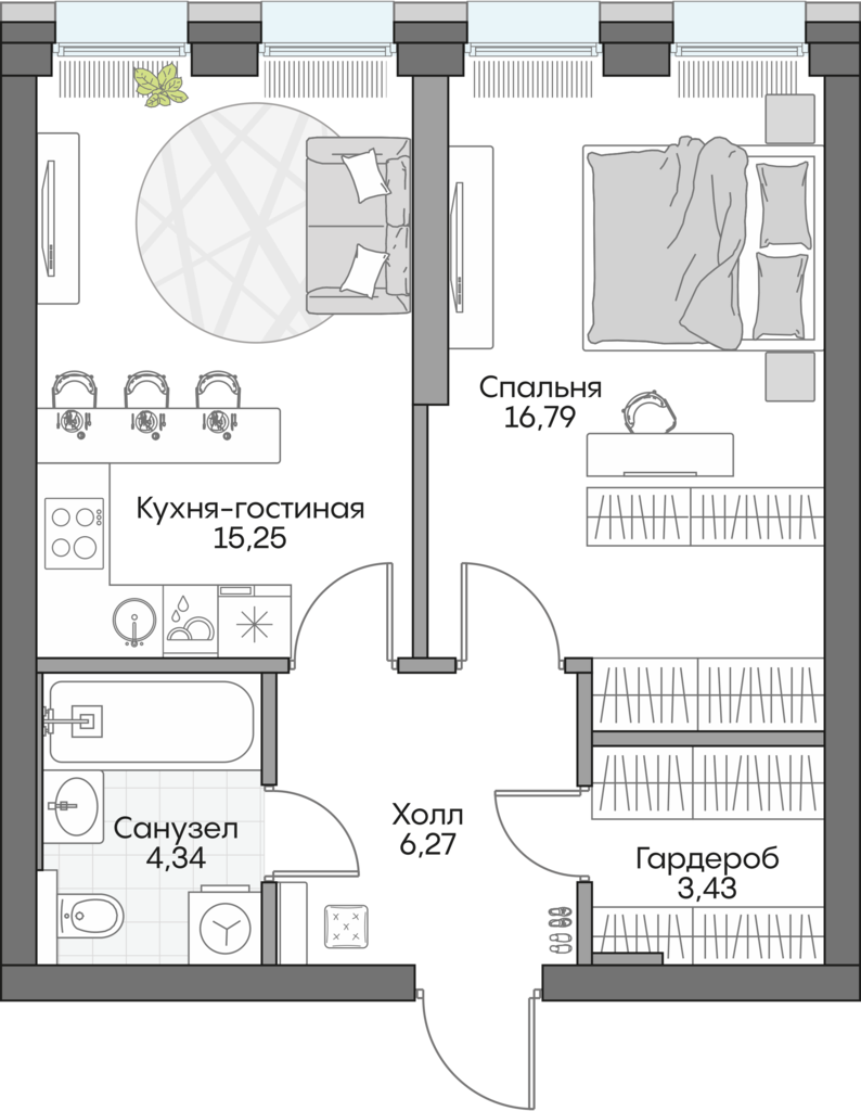 Планировка: 1-комнатные, 45,8 м²