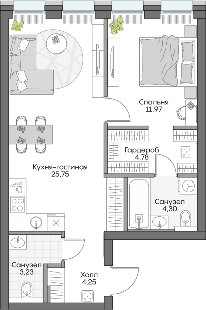 Планировка: 1-комнатные, 53,8 м²