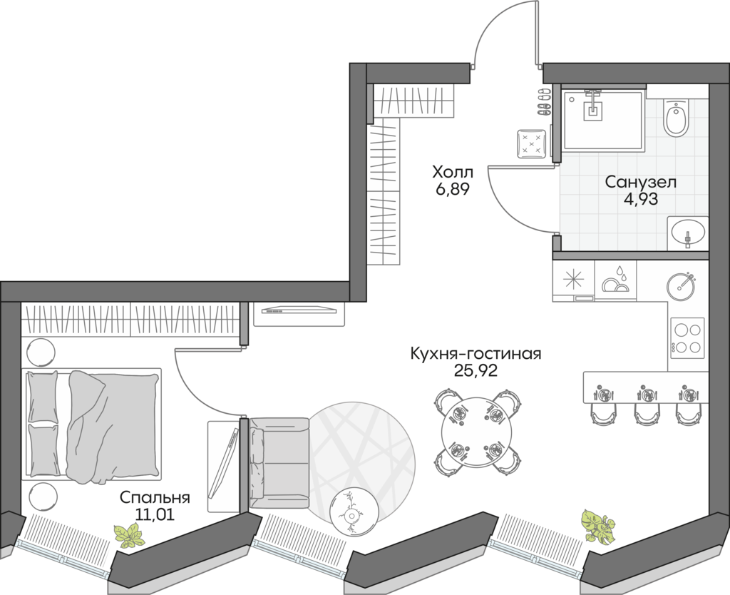Планировка: 1-комнатные, 47,2 м²