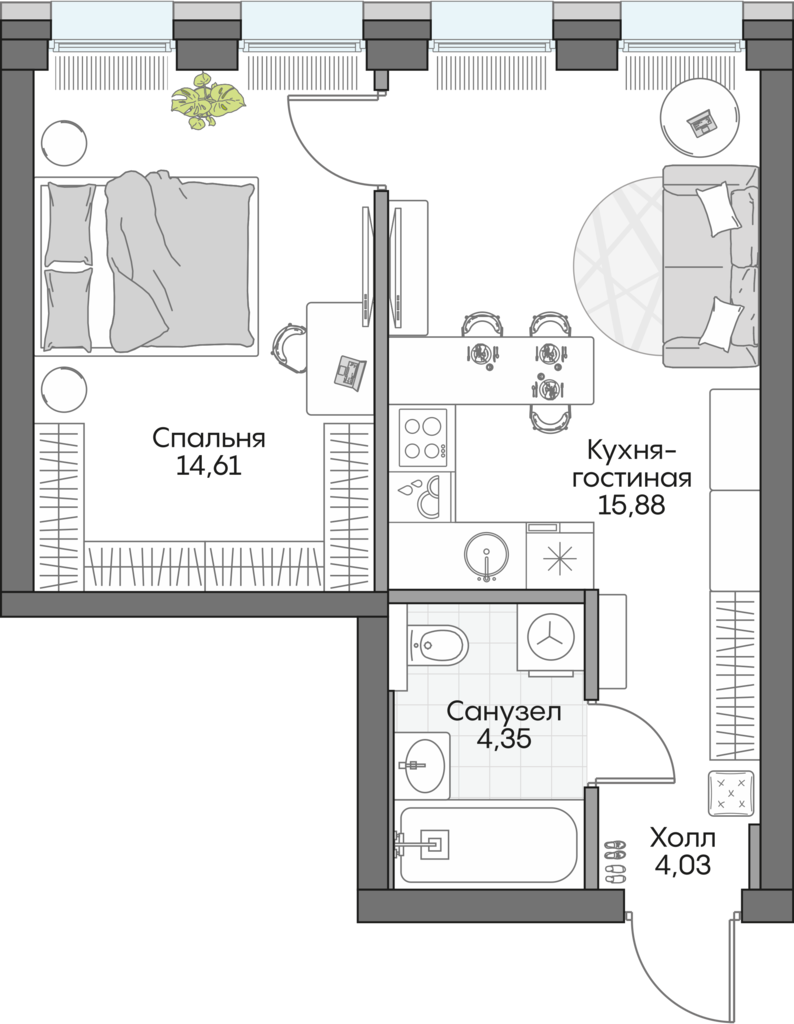 Планировка: 1-комнатные, 38,2 м²