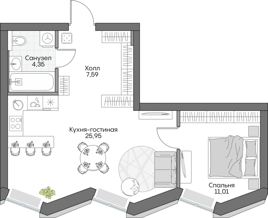 Планировка: 1-комнатные, 47,2 м²