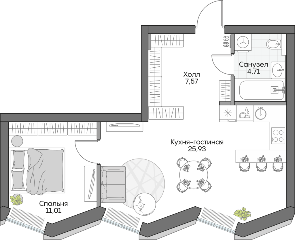 Планировка: 1-комнатные, 47,2 м²