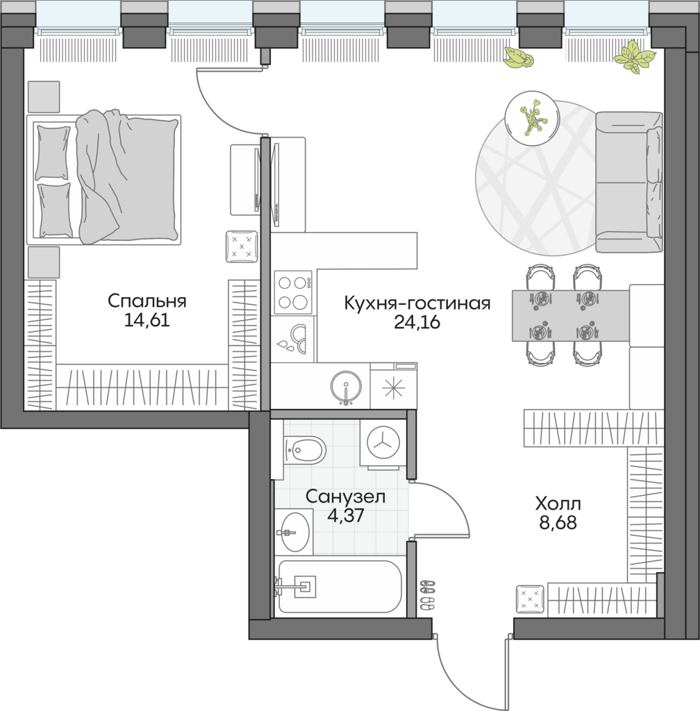 Планировка: 1-комнатные, 50,5 м²
