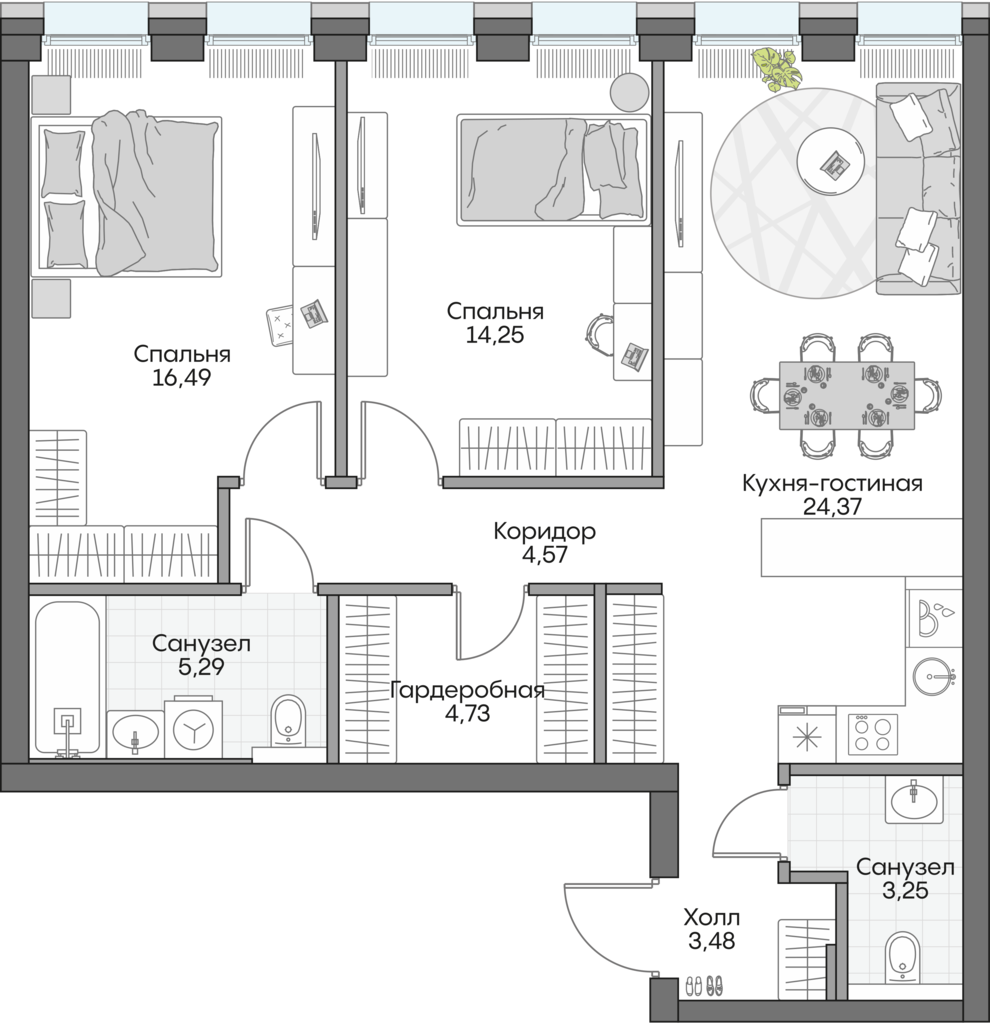 Планировка: 2-комнатные, 75,2 м²