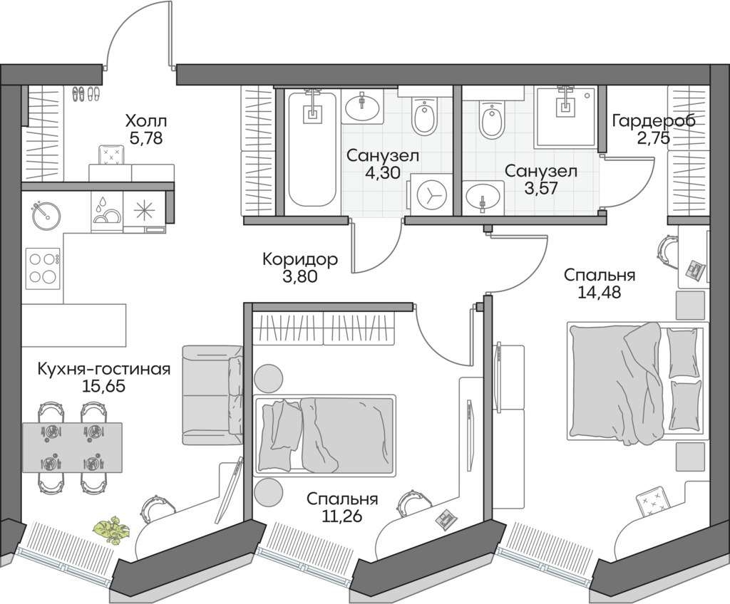 Планировка: 2-комнатные, 60,5 м²
