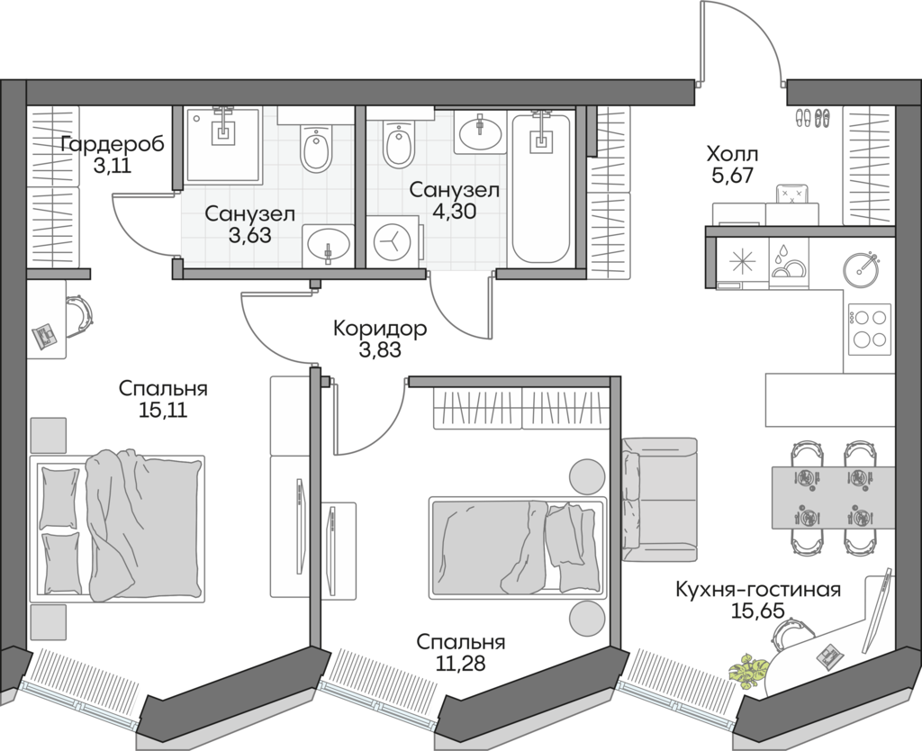 Планировка: 2-комнатные, 61,4 м²