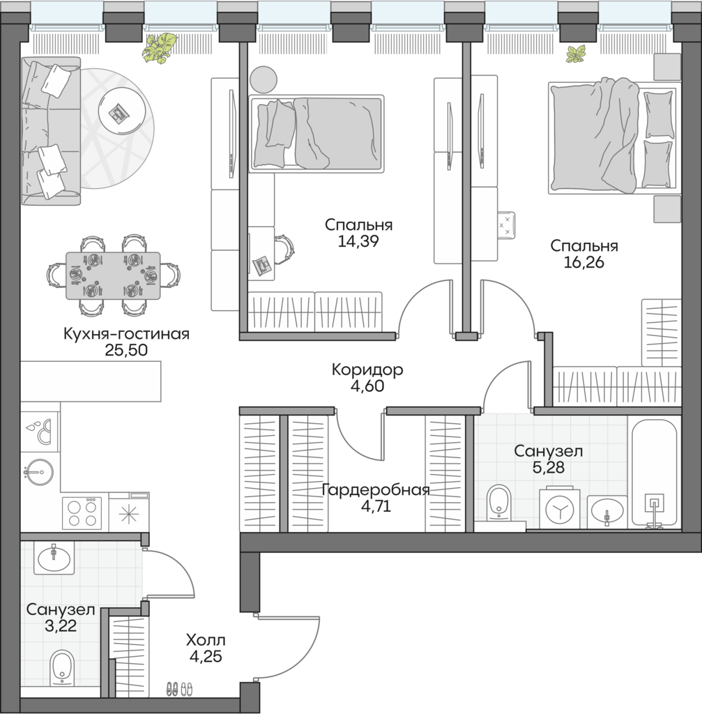 Планировка: 2-комнатные, 75,6 м²