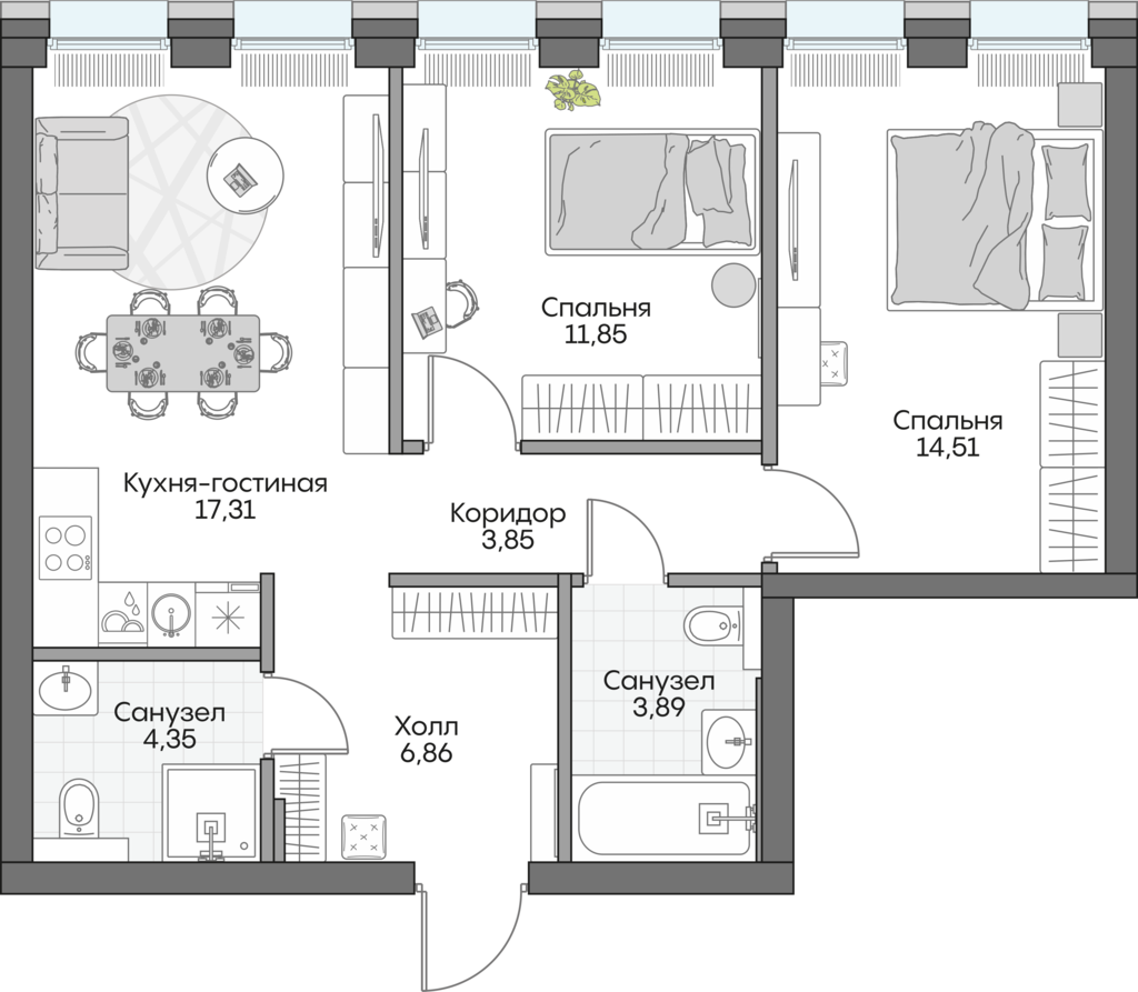 Планировка: 2-комнатные, 60,3 м²