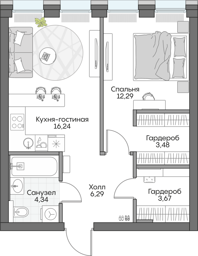 Планировка: 1-комнатные, 46 м²