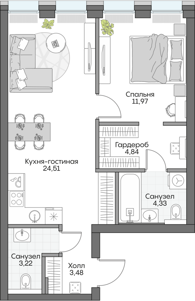 Планировка: 1-комнатные, 51,9 м²