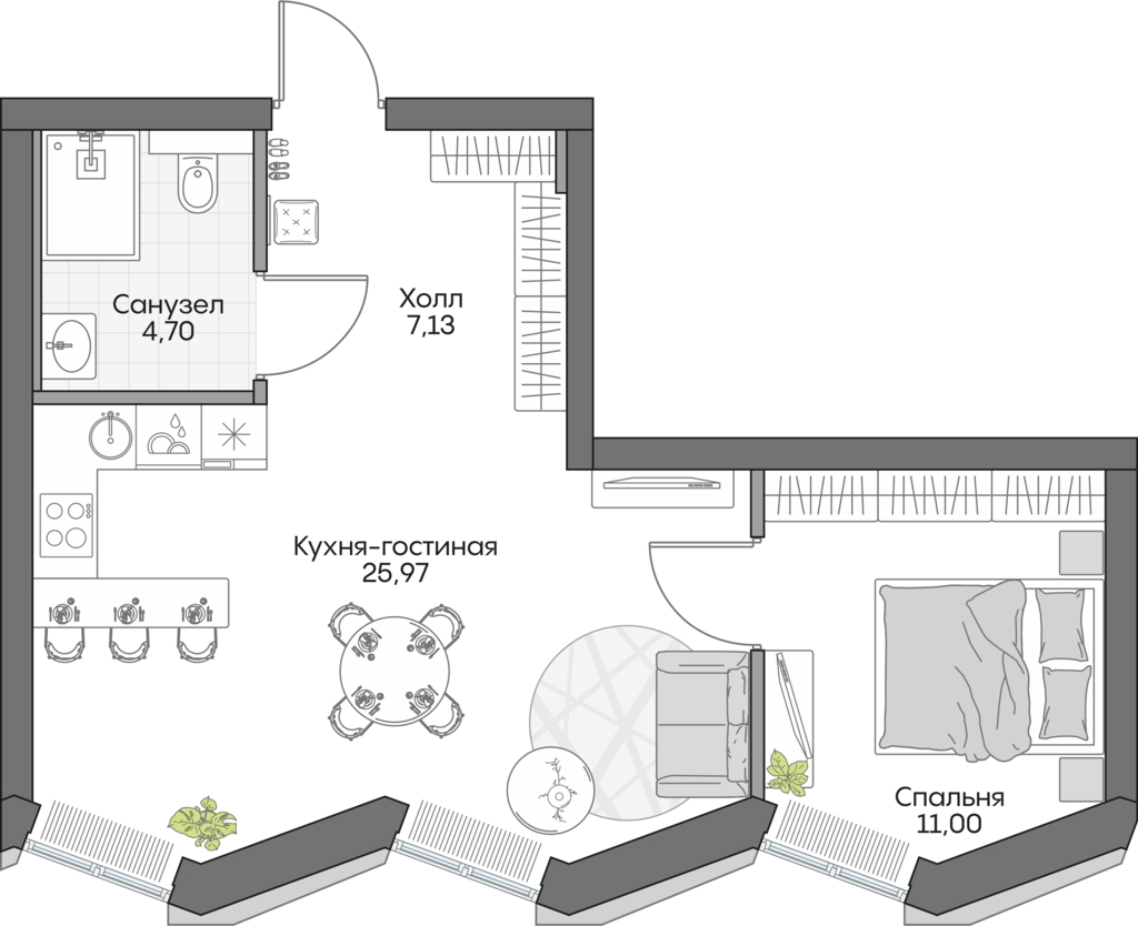 Планировка: 1-комнатные, 47,2 м²