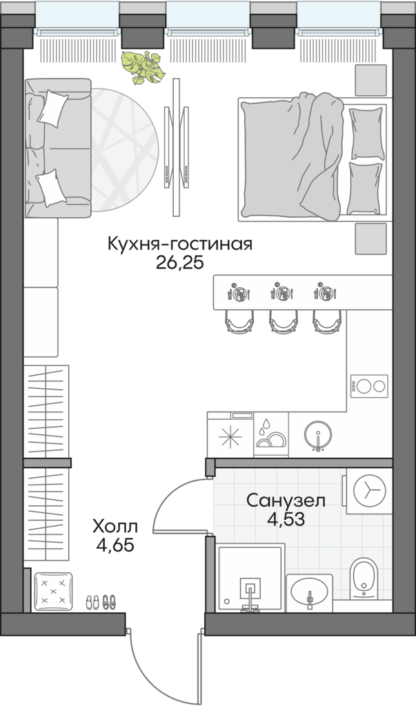 Планировка: Студия, 34,5 м²
