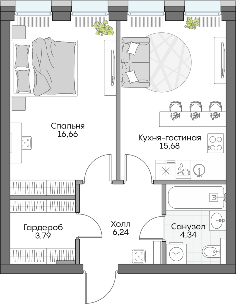 Планировка: 1-комнатные, 46,2 м²