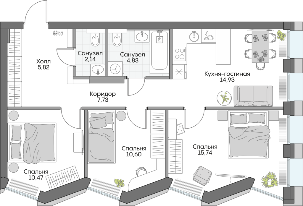 Планировка: 3-комнатные, 69,7 м²